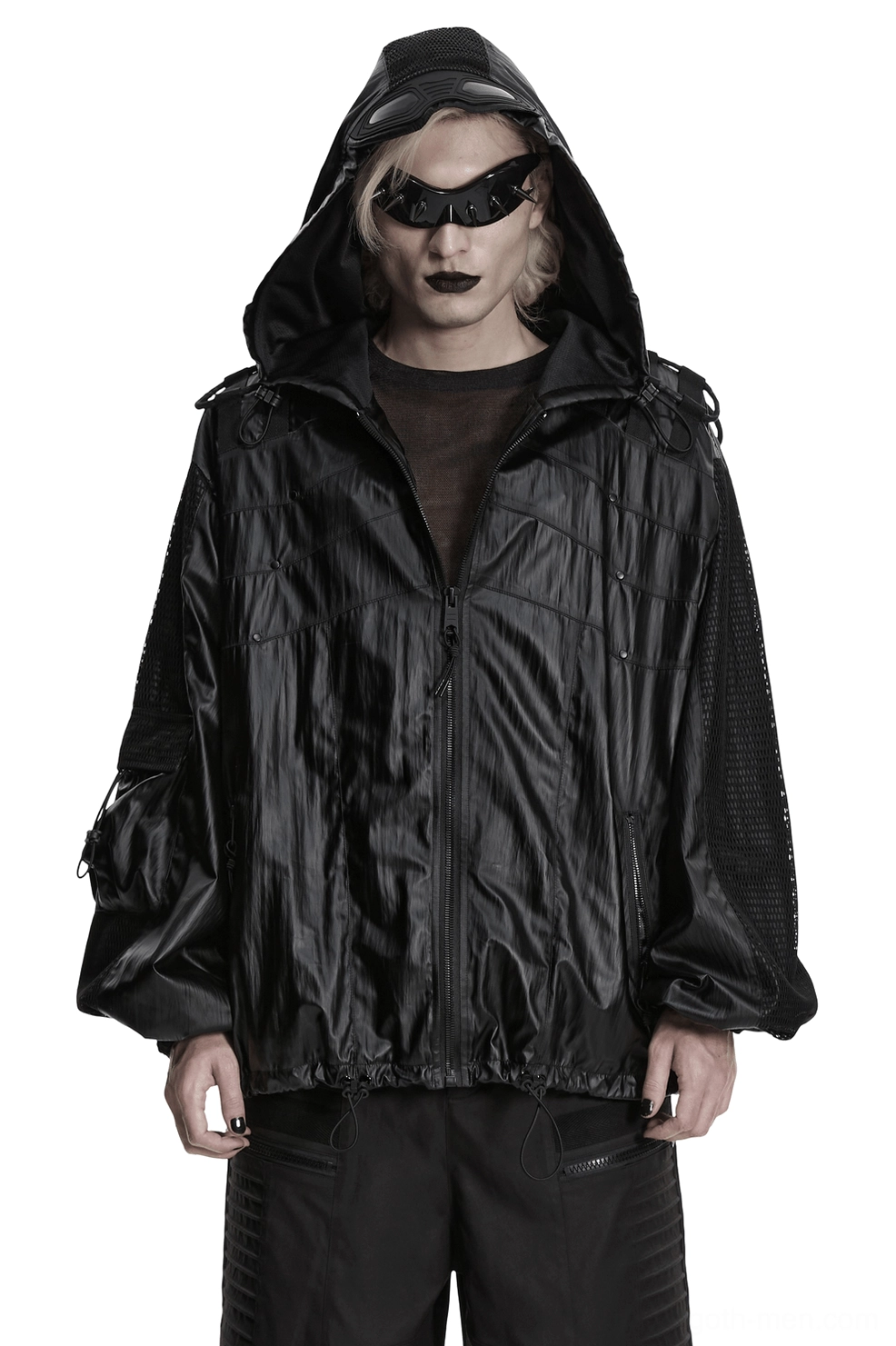 Black cyberpunk hooded waterproof mesh jacket front view worn by male model with futuristic sunglasses