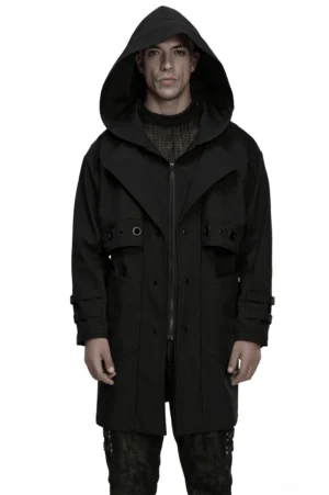 Black cyberpunk hooded techwear jacket front view worn by male model, featuring metal eyelet accents, full zipper closure, and structured silhouette