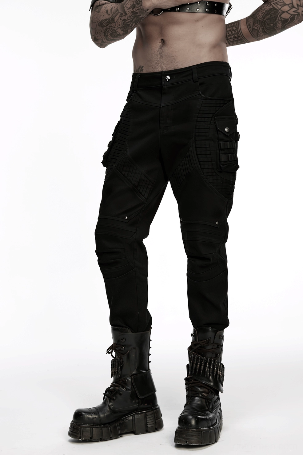 Black cyberpunk techwear pants tactical elements highlighting pocket hardware and rivet design