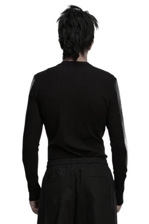 Black cyberpunk long sleeve top rear view showing ribbed knit and PU leather sleeve accents