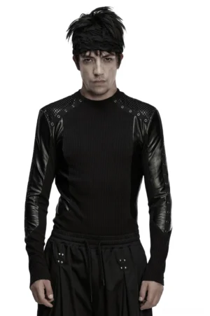 Black cyberpunk long sleeve top with metal studs and mesh panels - men's slim fit front view