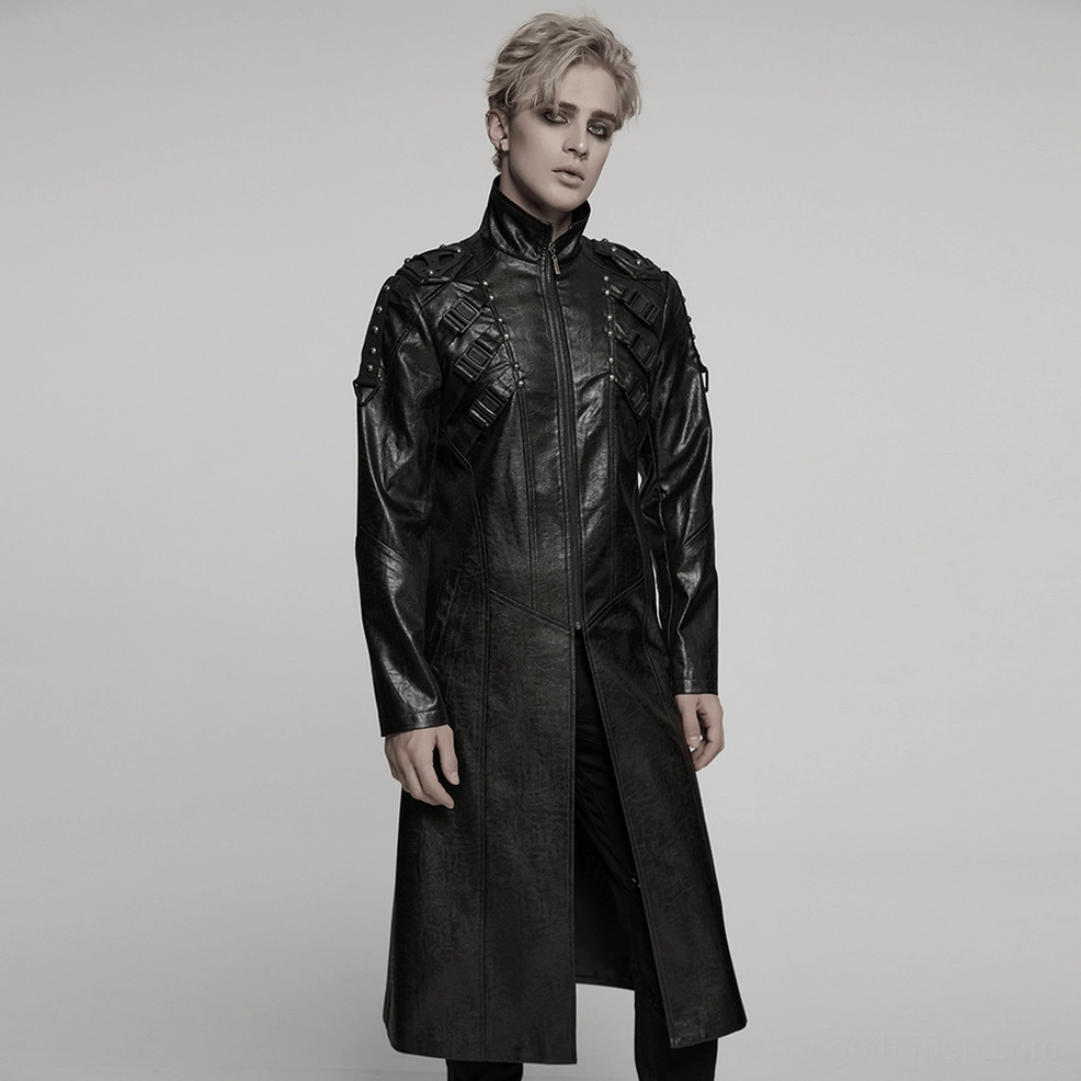 Cyberpunk trench coat angled front view - showcasing studded shoulder accents and fitted long sleeves
