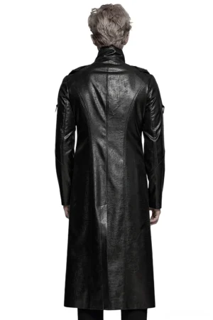 Mens gothic cyberpunk trench coat back view - full length faux leather silhouette with tactical straps