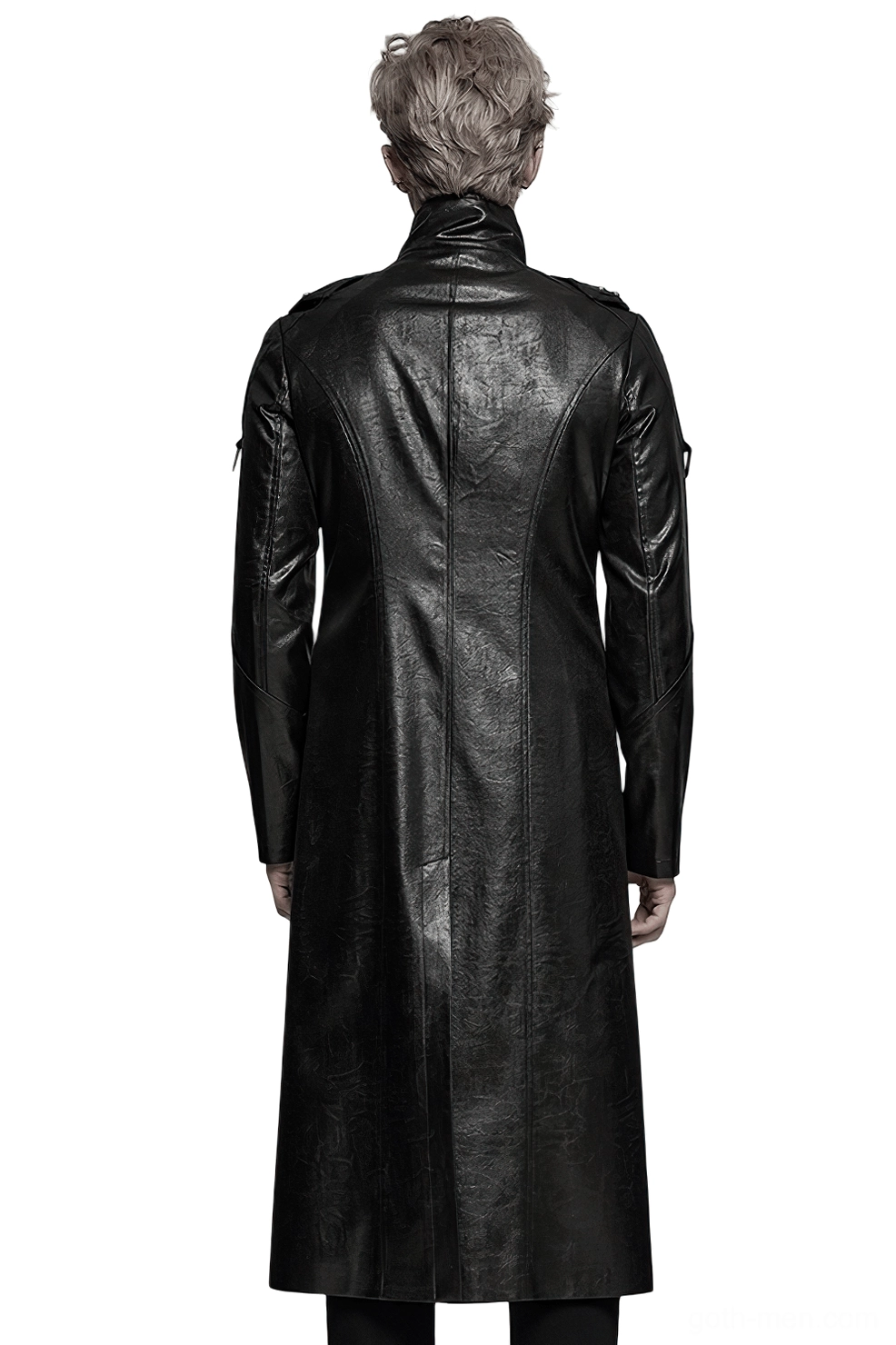 Mens gothic cyberpunk trench coat back view - full length faux leather silhouette with tactical straps