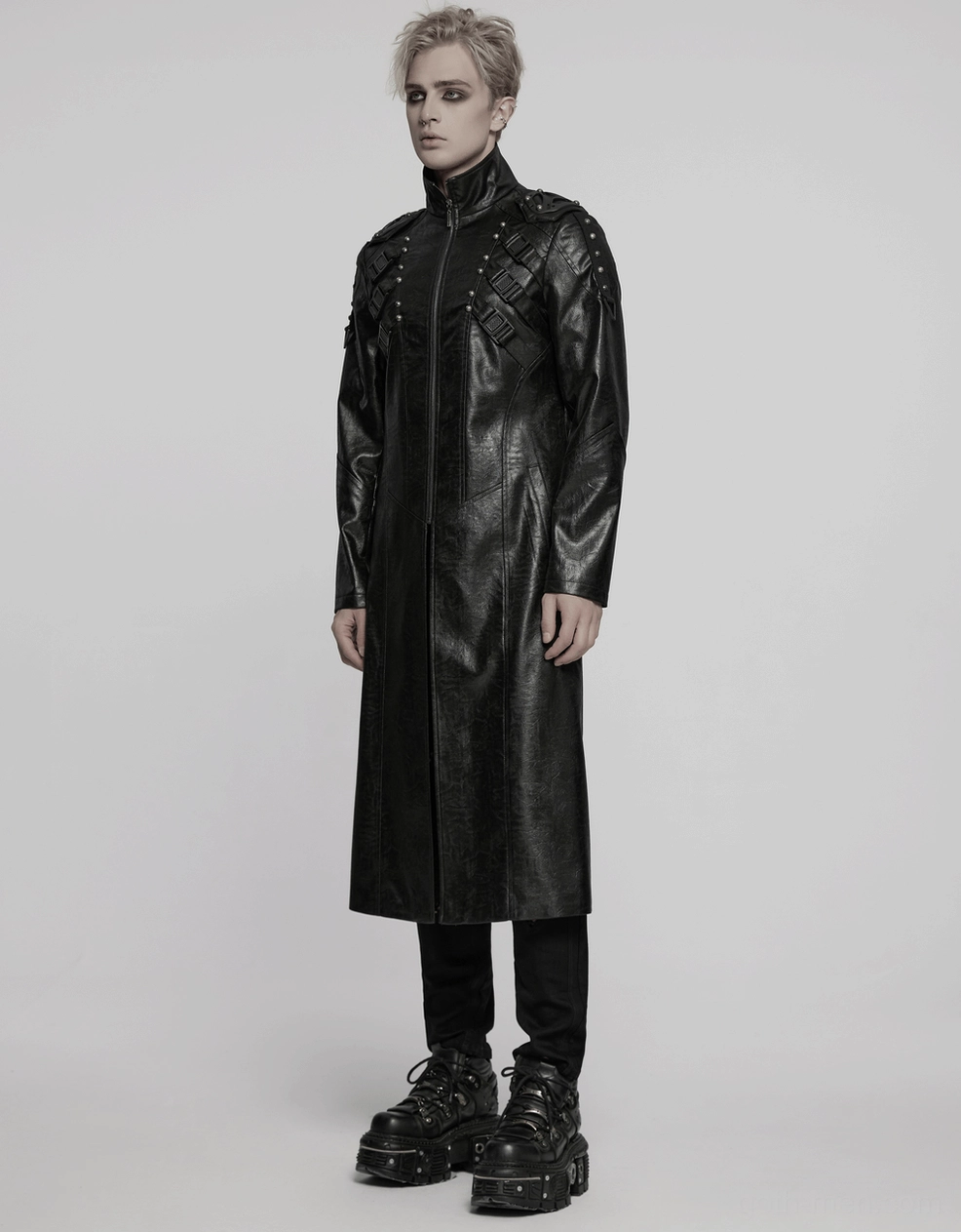 Black synthetic leather cyberpunk trench coat hardware and strap assembly - industrial aesthetic detail