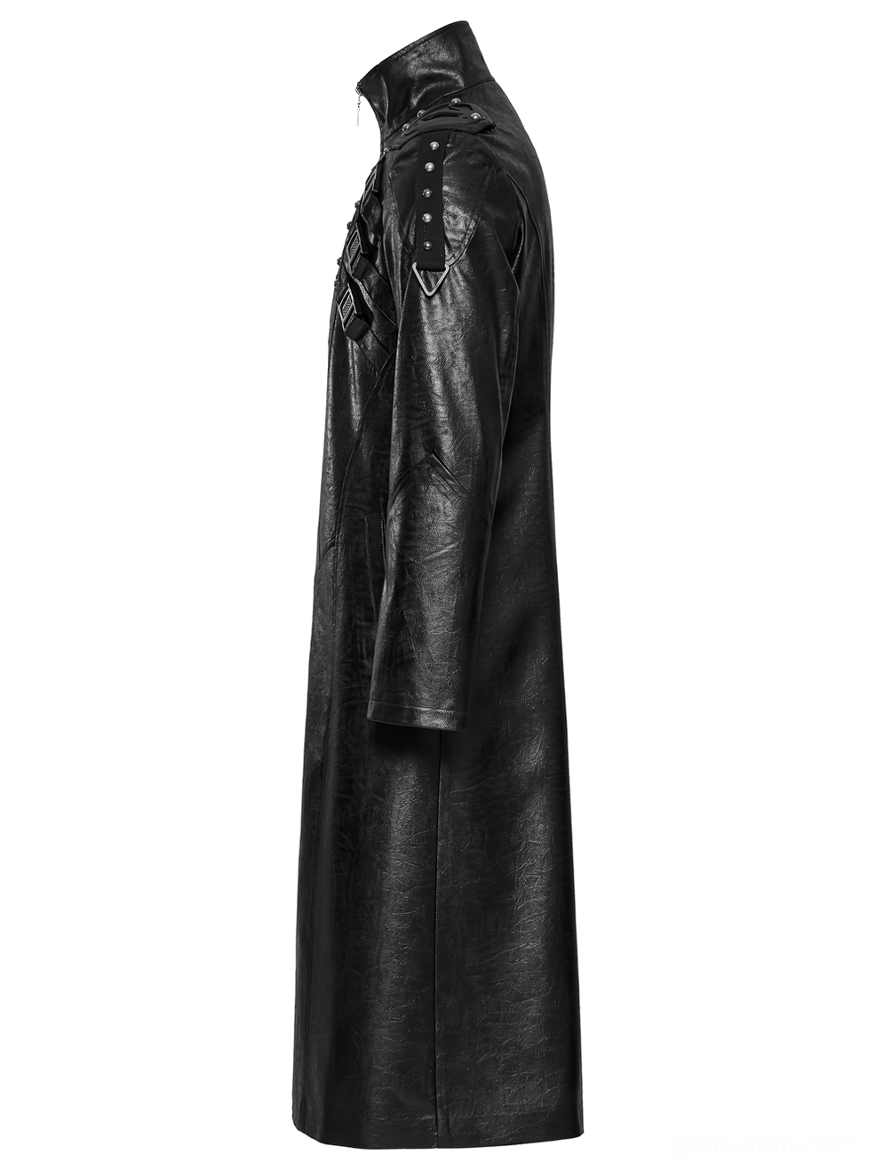 Cyberpunk trench coat side view - fitted sleeves and full-length hem on flat lay
