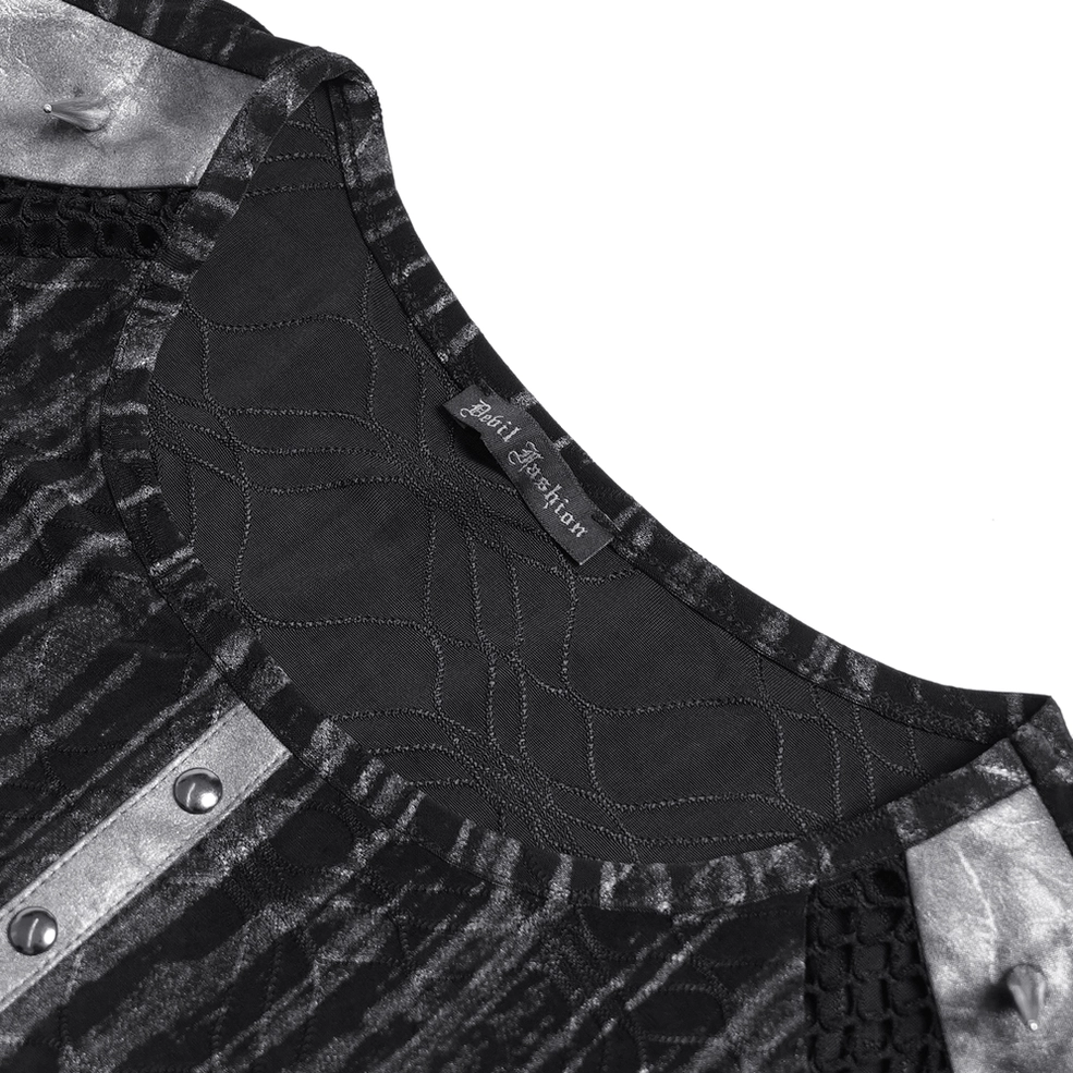 Cyberpunk mesh t-shirt close-up of neck detail with quilted lining and metal studs