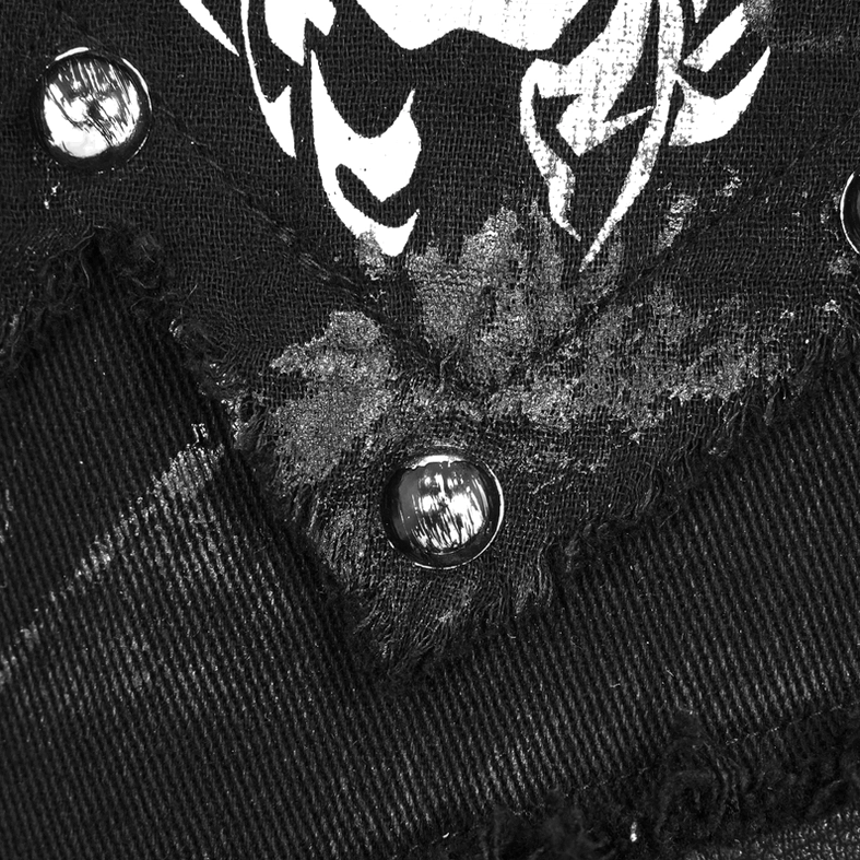 Vintage-style D-ring and chain attachment points on gothic waistcoat hardware system