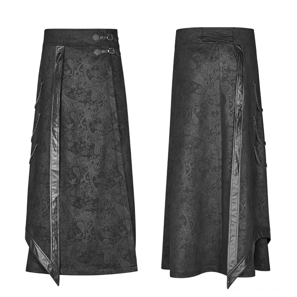 Black damask gothic overskirt flat lay showing leather trim and adjustable buckles