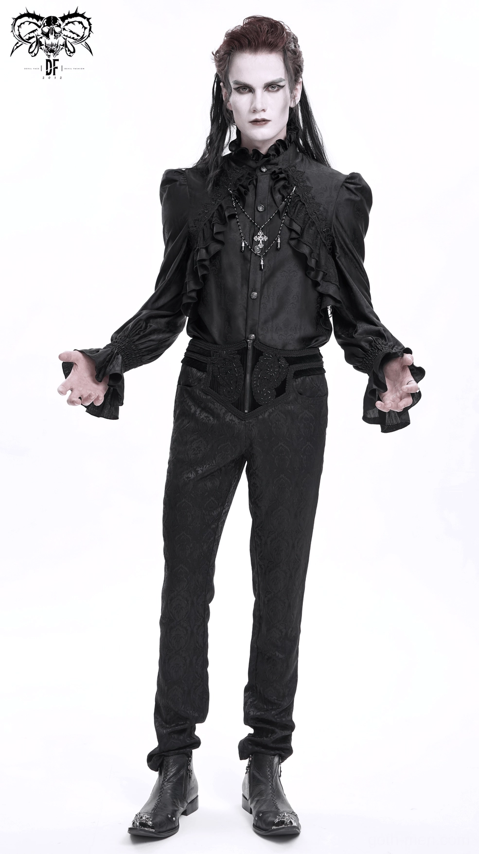 Black damask embossed pants leg detail, showing slim-fit taper, leg opening measurement reference, and intricate embossed pattern throughout fabric