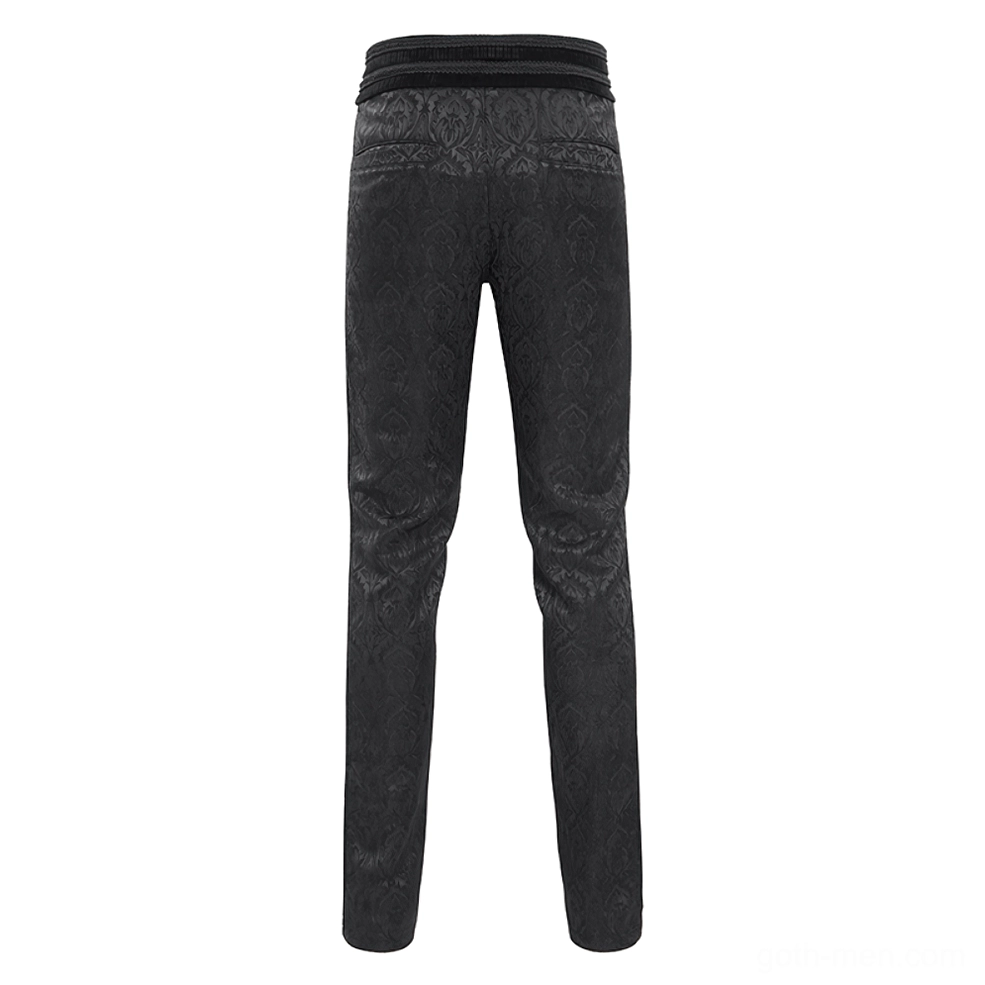 Black damask embossed pants rear hanging view, displaying intricate damask pattern throughout fabric, velvet trim waistband, and straight slim leg silhouette