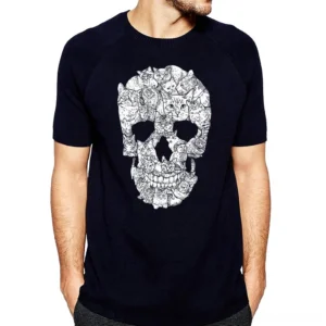 Alternative fashion cat skull gothic t-shirt modeled on person wearing navy raglan dark tee with white skull graphic design