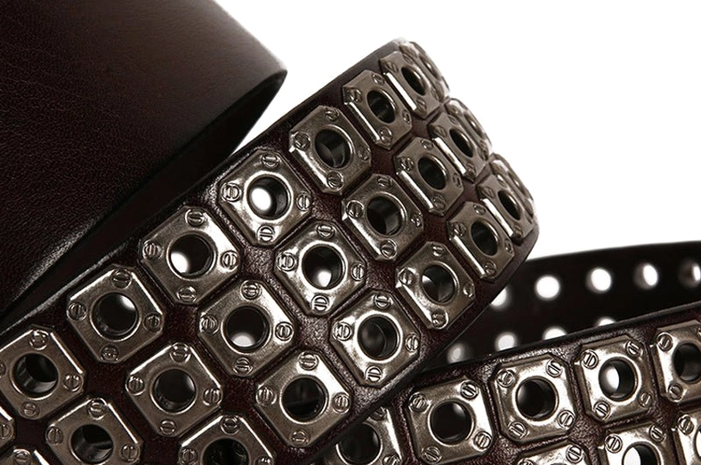 Dark aesthetic gothic studded leather belt full length view with alternating pattern of square rivets