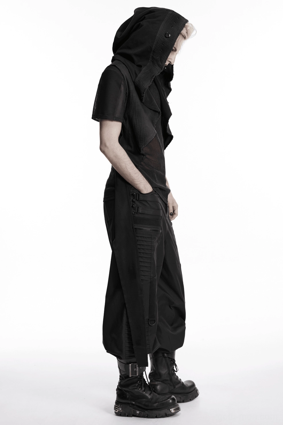 Dark aesthetic hooded cape vest styling with alternative fashion elements