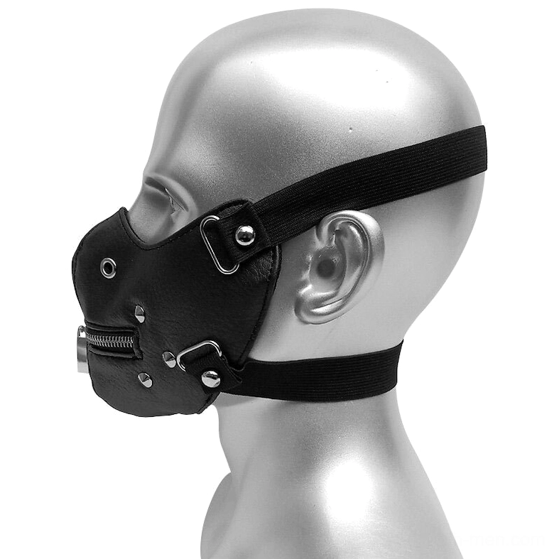 Gothic steampunk half face mask right side view matte black finish dual elastic straps metal rivets