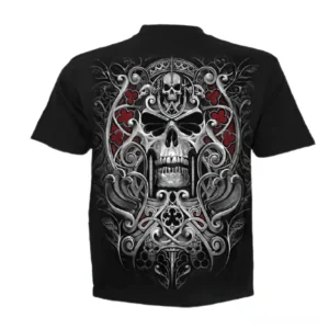 Skull and gothic scrollwork 3D print gothic black t-shirt back view - memento mori design