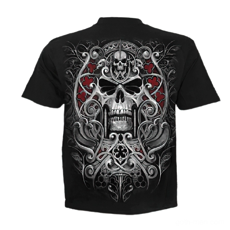 Skull and gothic scrollwork 3D print gothic black t-shirt back view - memento mori design