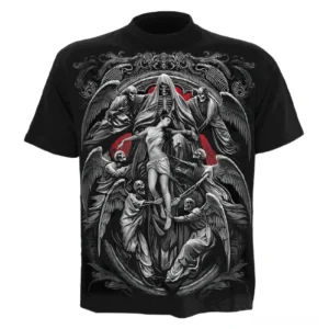 Dark angel 3D printed gothic black t-shirt front view - celestial spiritual punk aesthetic