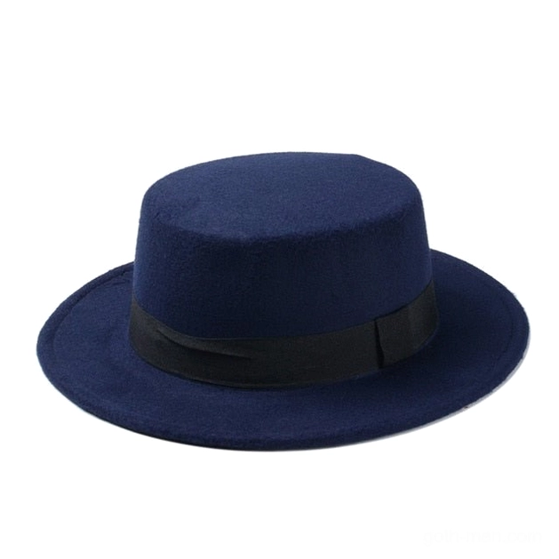 Dark blue wool felt flat top fedora with structured crown and black ribbon, front view gothic alternative hat