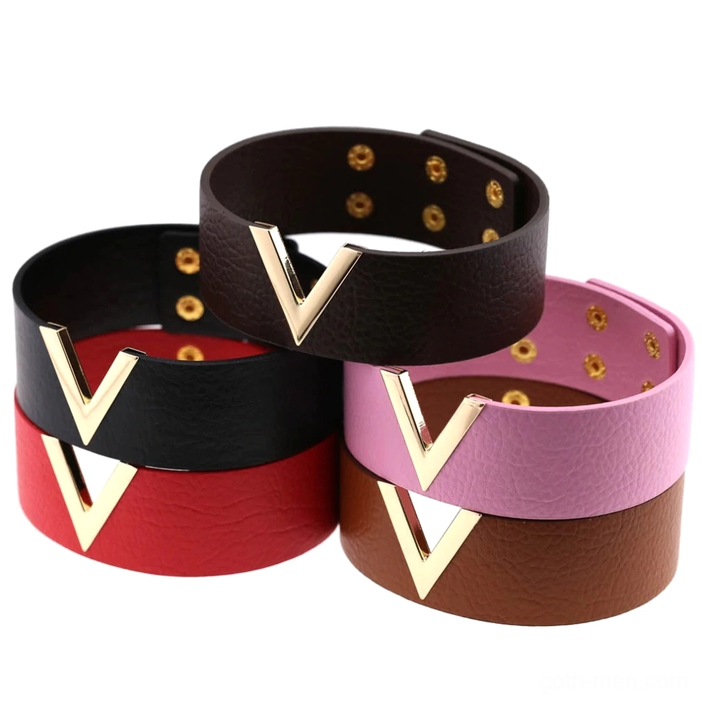 Dark blue leather V-choker with gold V metal and adjustable straps - gothic punk collar