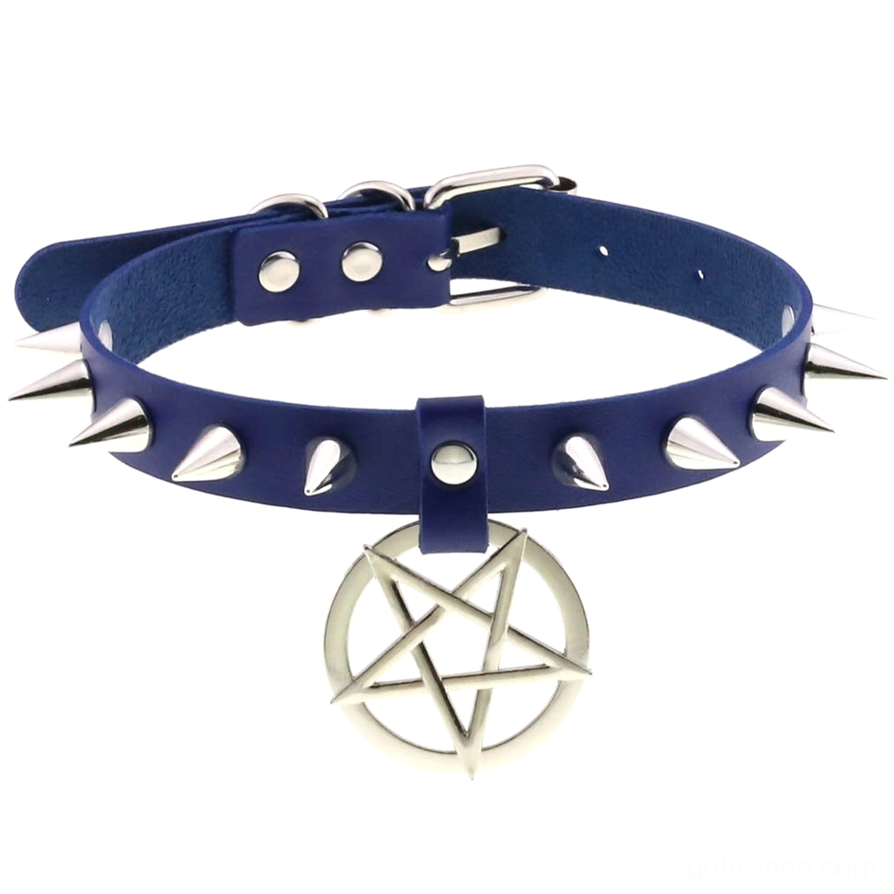 Dark blue leather spiked choker with silver pentagram pendant, neo-gothic style