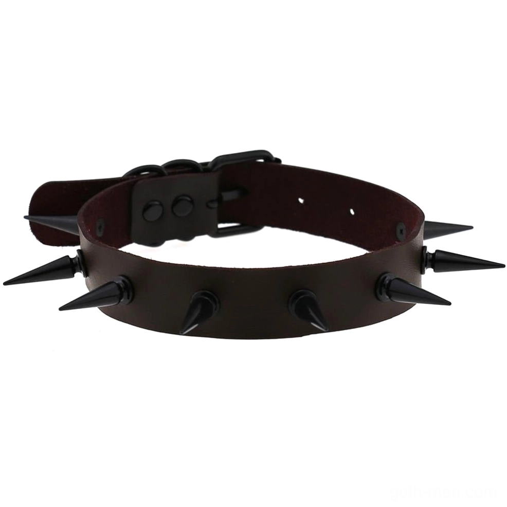 Dark brown leather choker with adjustable strap and black spike details, side view