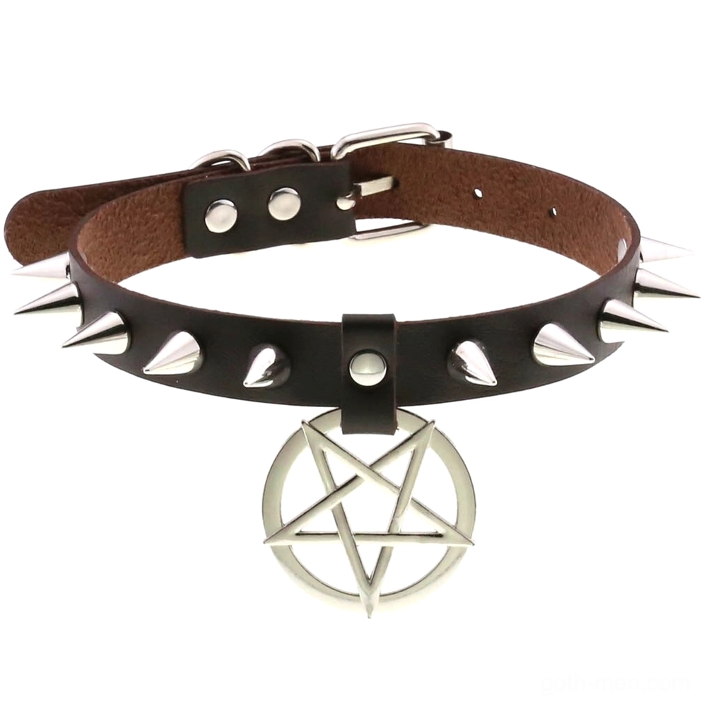 Dark brown PU leather choker with spike studs and pentagram charm, front view