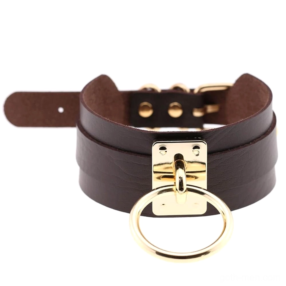 Dark brown coffee PU leather bondage choker featuring central gold O-ring and double-layered design