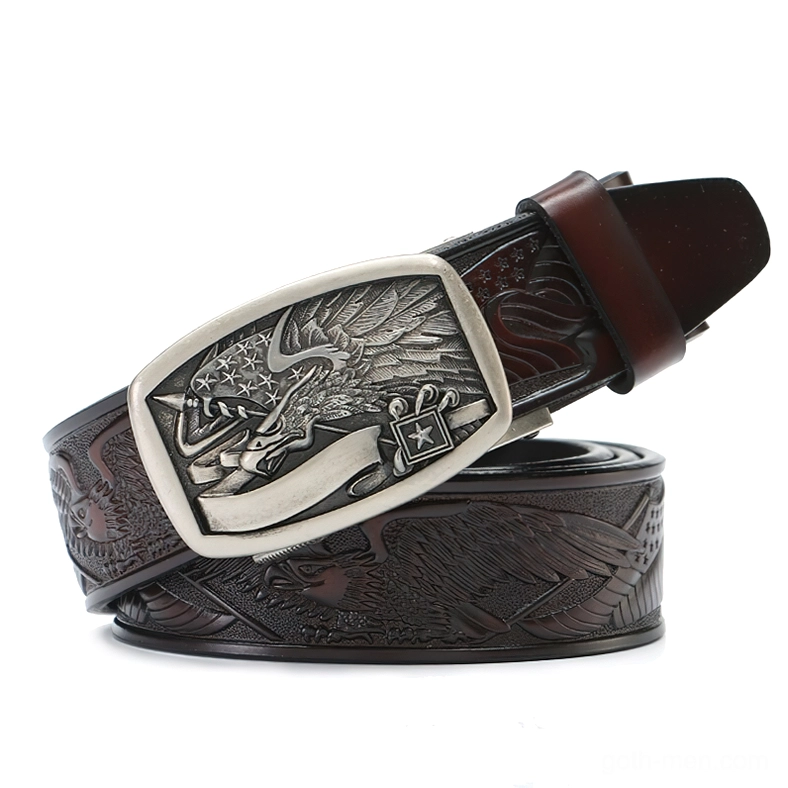 Dark brown gothic eagle leather belt with silver automatic buckle - side overhead perspective