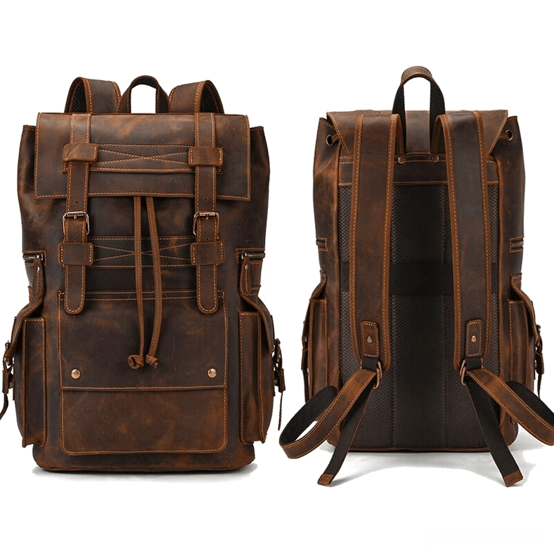 Dark brown leather gothic backpack with padded shoulder straps and rivet decorations - front and back view