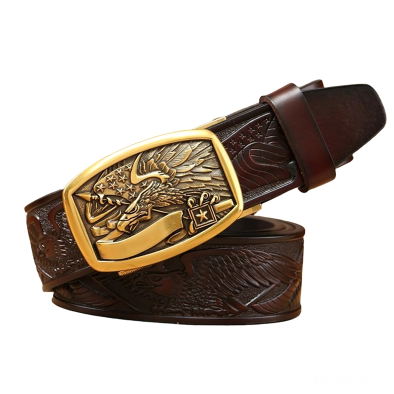 Gold buckle gothic eagle belt in deep brown leather - elevated side angle shot