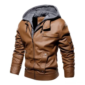 Dark brown PU leather hooded biker jacket for men with utility pockets and sleeve cargo details
