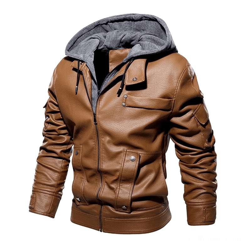 Dark brown PU leather hooded biker jacket for men with utility pockets and sleeve cargo details