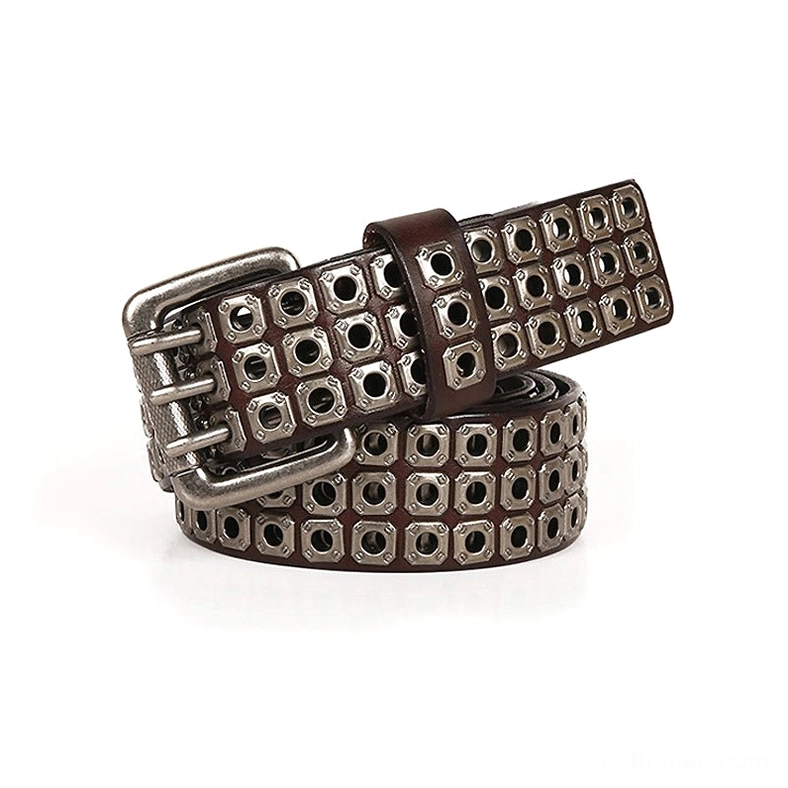 Dark brown gothic studded leather belt with square metal rivets and vintage silver buckle
