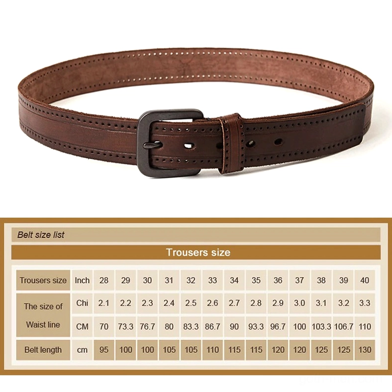 Dark brown slim genuine leather gothic belt, flat lay view with size reference chart and matte black square metal buckle