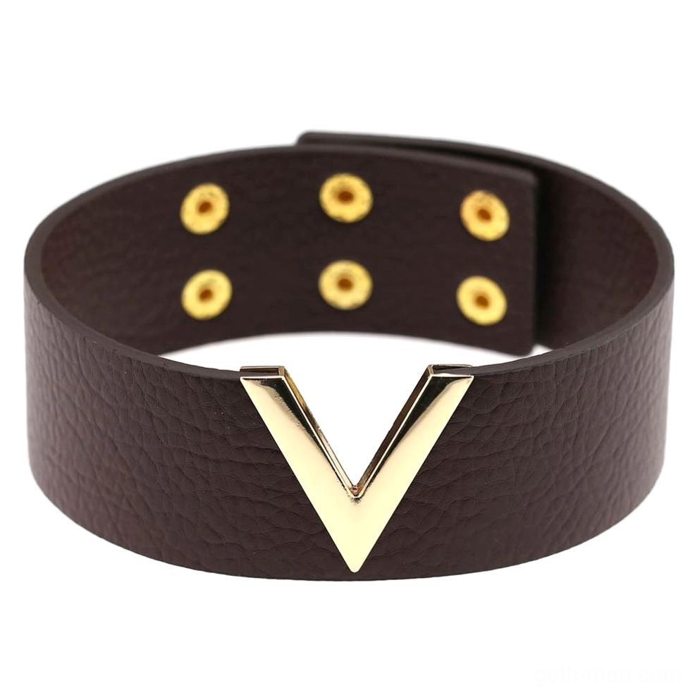 Dark brown leather V-choker with gold V metal - gothic choker design