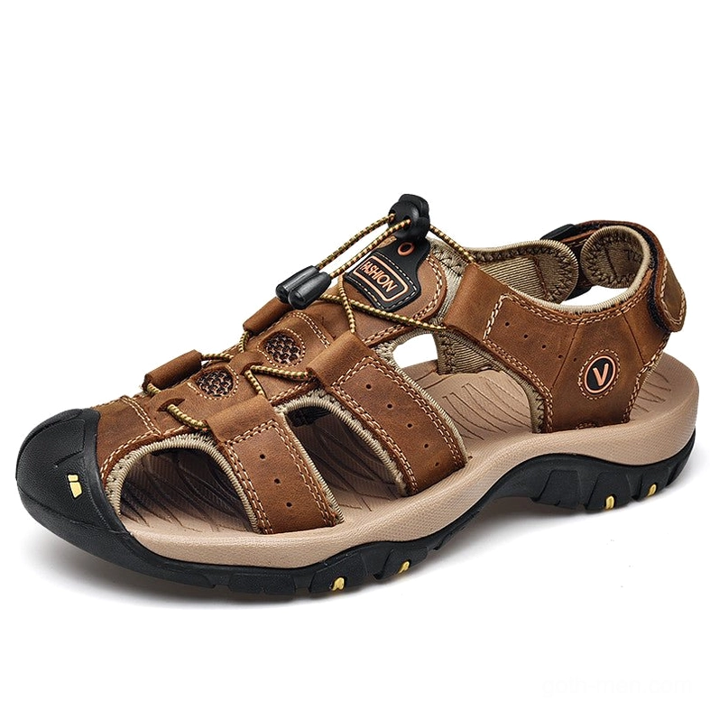 Dark brown genuine leather gothic sandals featuring durable TPR rubber outsole and buckle closure for men