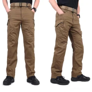 Dark brown military cargo pants men with belt and structured fit front angle