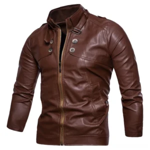 Dark brown men's gothic biker jacket with decorative chest buttons and metal zipper