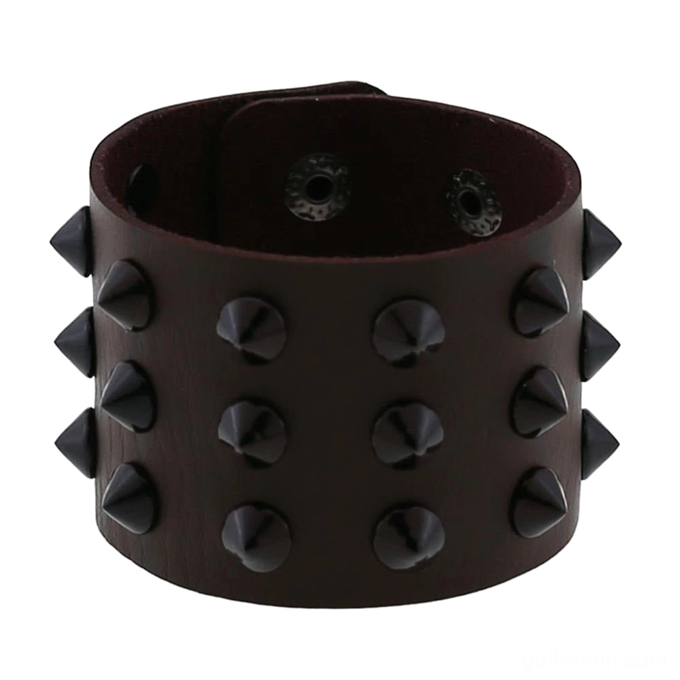 Dark brown vegan leather spike studded bracelet front display with cone spike rows