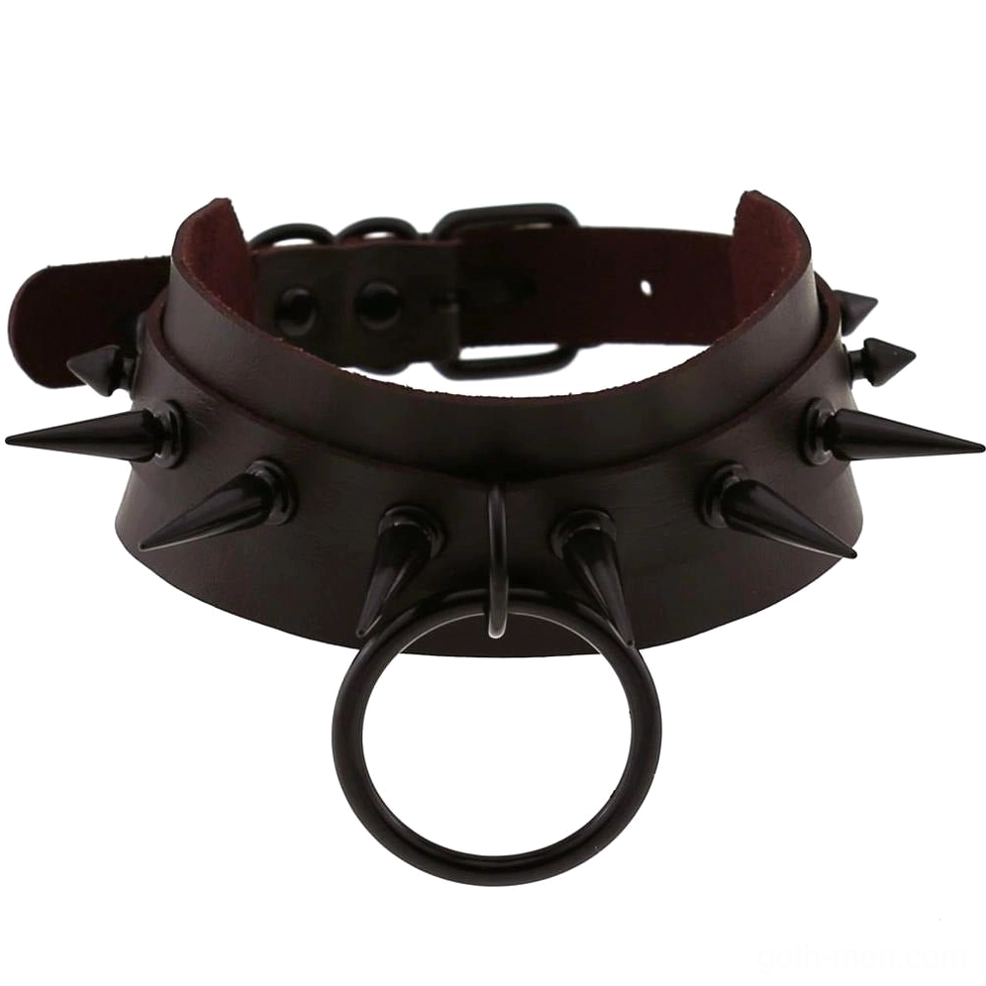 Dark brown spiked leather choker necklace with matte black spikes and buckle clasp