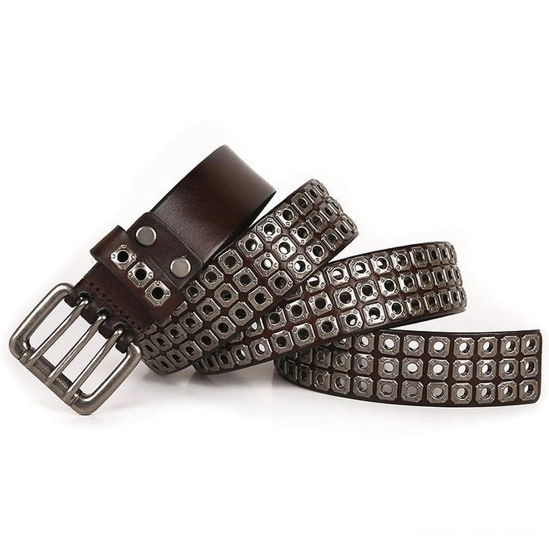 Dark brown studded leather belt flat lay view showing perforations and double-prong silver buckle
