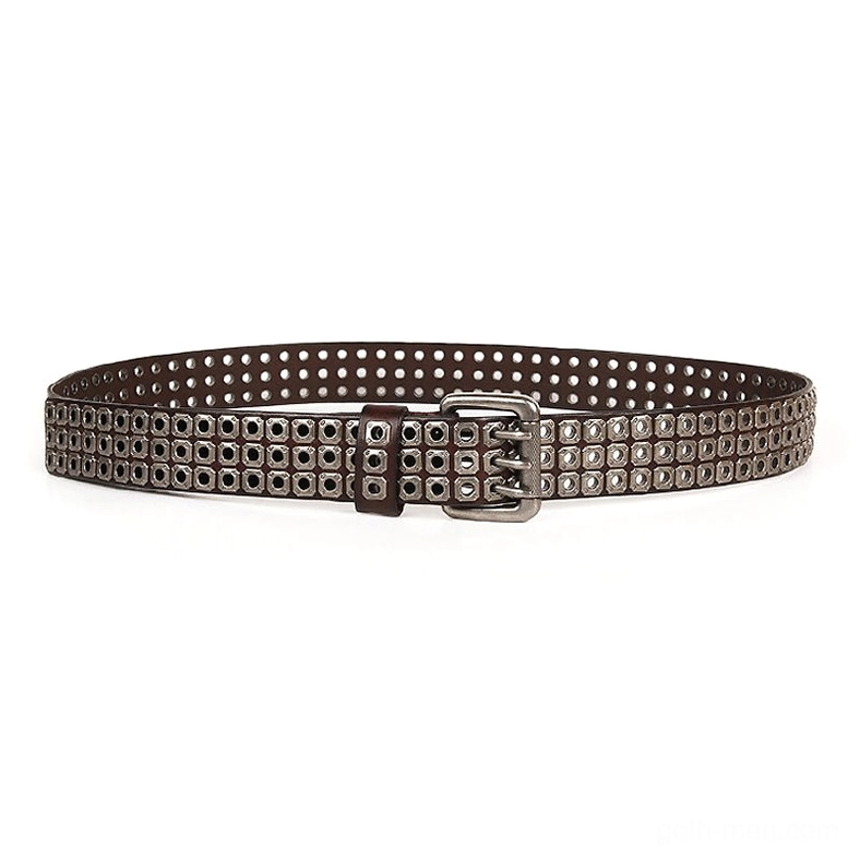 Dark brown gothic studded leather belt with metal rivets complete belt length display