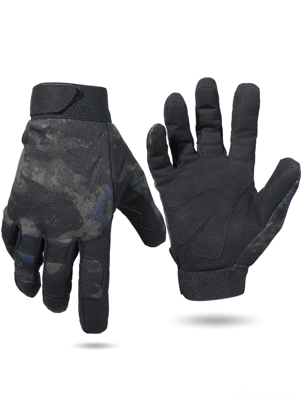 Dark camouflage black tactical gloves with military-inspired pattern and suede palms