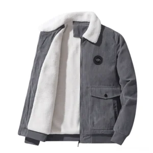 Men's charcoal gray corduroy alternative jacket with white sherpa lining and zipper closure