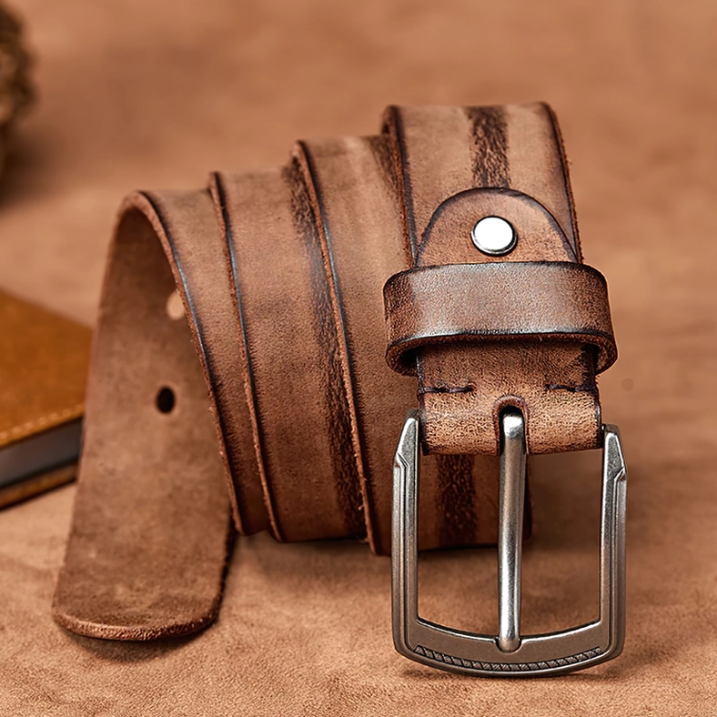 Dark cowhide gothic belt with vintage antique alloy buckle, studio flat lay angle showcasing leather texture, buckle design, and handcrafted quality