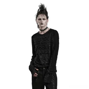 Gothic men's dark elegance mesh long sleeve top front three-quarter view with spiked choker and distressed fabric detail