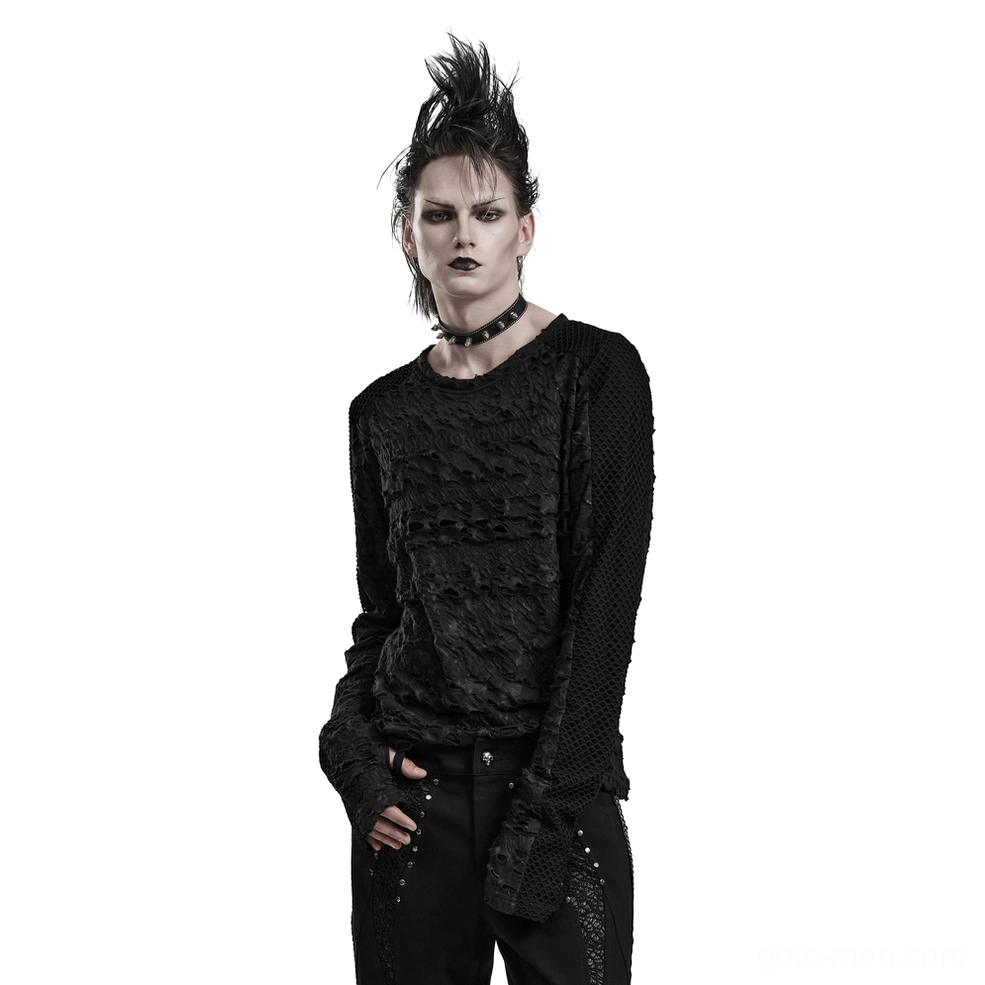 Gothic men's dark elegance mesh long sleeve top front three-quarter view with spiked choker and distressed fabric detail