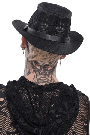 Dark gothic wide brim hat with skull lace mesh and leather band, back view on tattooed model