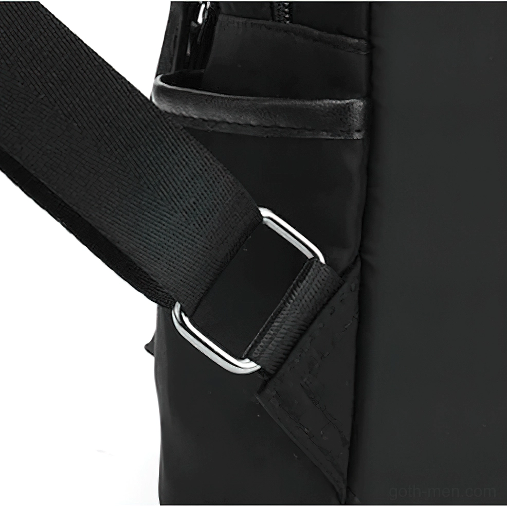 Dark gothic daily backpack minimalist silhouette shoulder straps detail view